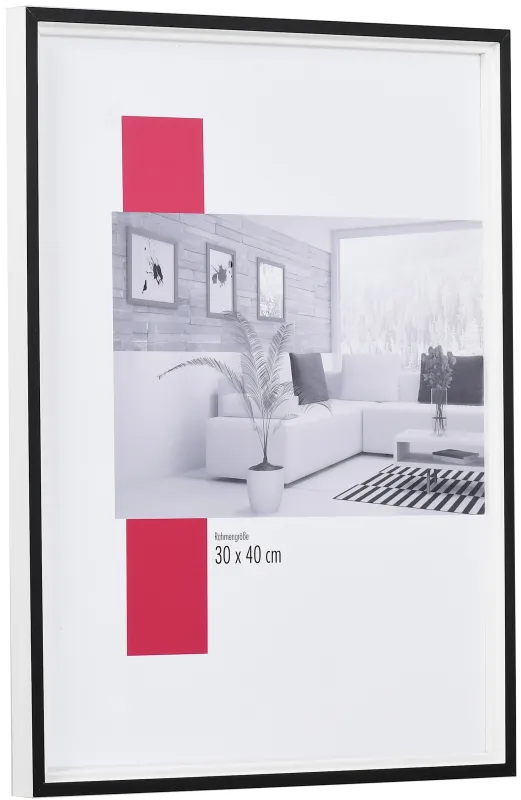 Bilderrahmen aus Holz aus der Leiste 69 in der Farbe Weiß mit schwarzer Kante, modernes Design